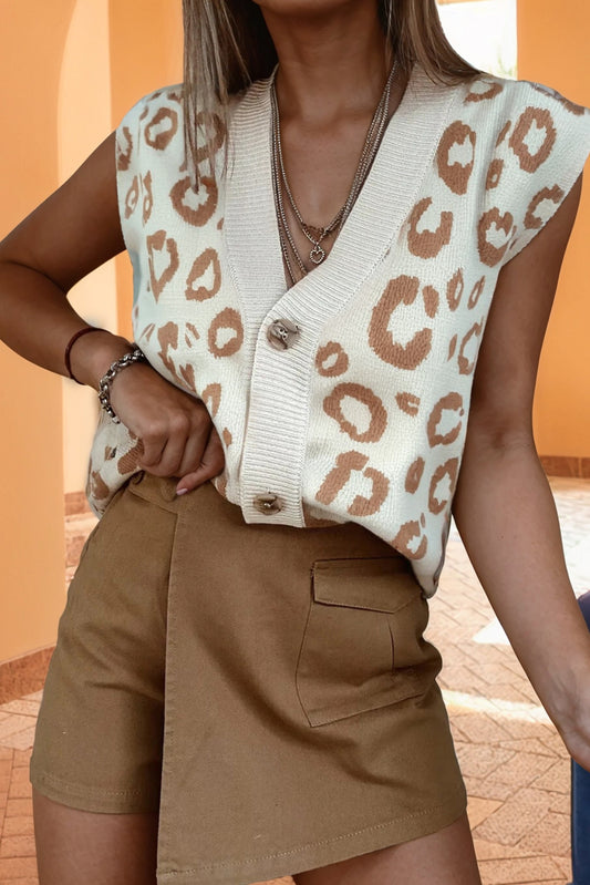 Beige Leopard Print Ribbed V Neckline Buttoned Front Sweater Vest