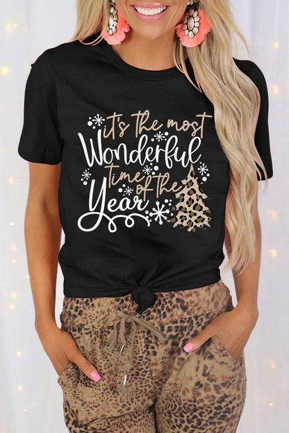Festive Black Leopard Graphic Tee with Christmas Vibes