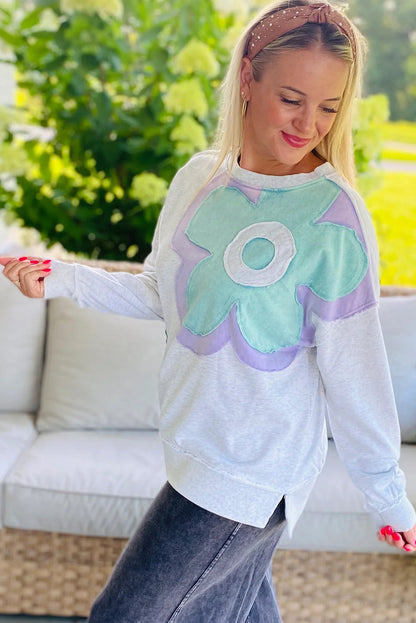 Light Grey Raw Seam Color Block Flower Patched Long Sleeve Top