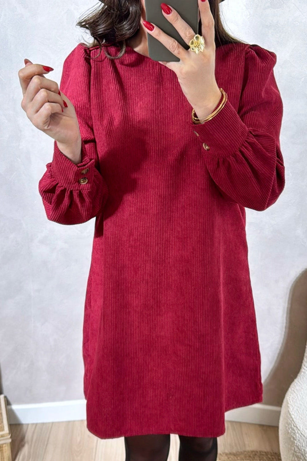 Racing Red Solid Color Button Cuffed Long Sleeve Corduroy Mini Dress