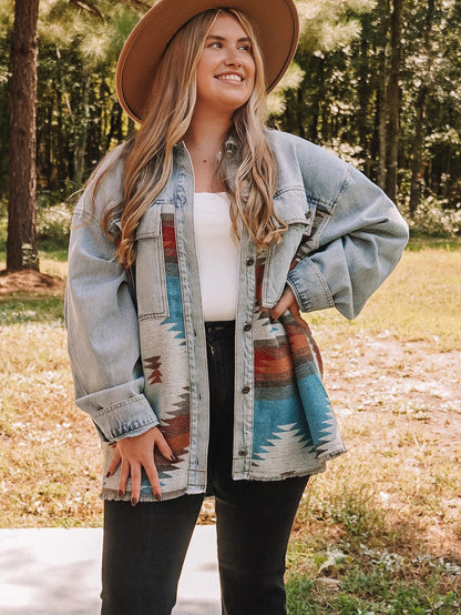 Sky Blue Denim Aztec Print Plus Size Shacket