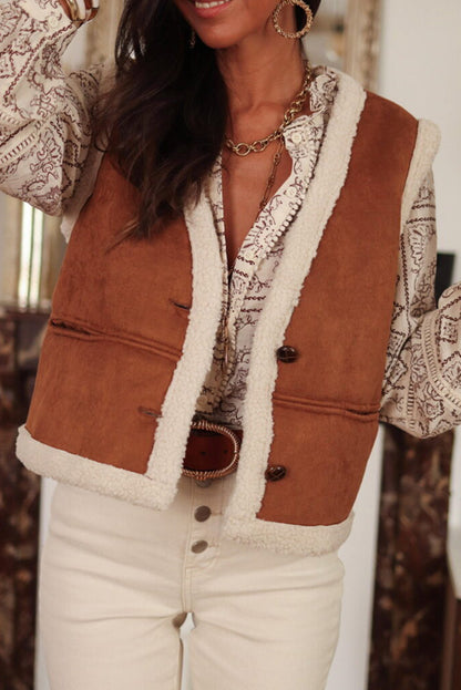 Chestnut Faux Suede Sherpa Patchwork Winter Vest