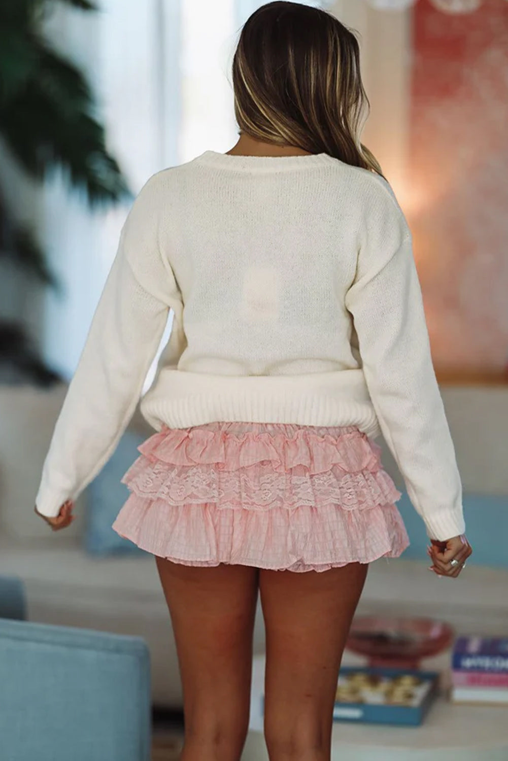 White Cherry Pattern Drop Shoulder Sweater