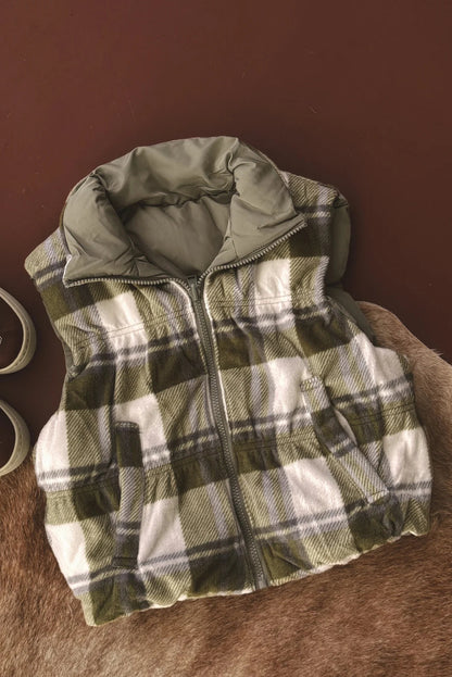 Laurel Green Inner Plaid Contrasted Zip Up Puffer Vest