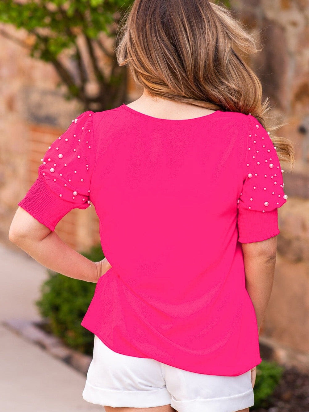 Rose Red Jeweled Puff Sleeve Plus Size Blouse