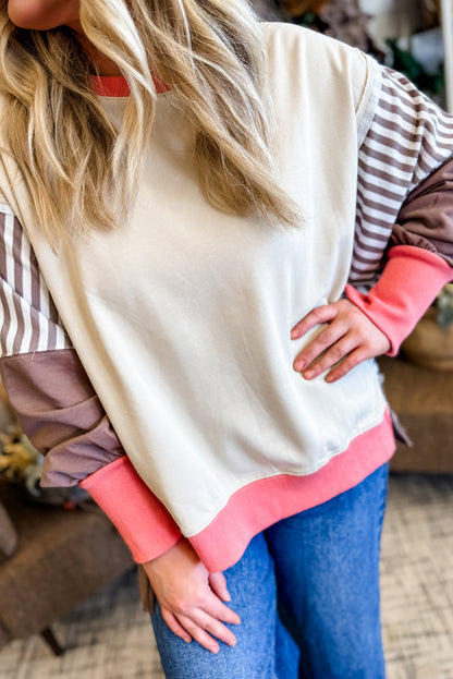 White Color Block Striped Patchwork Dolman Slit Sweatshirt