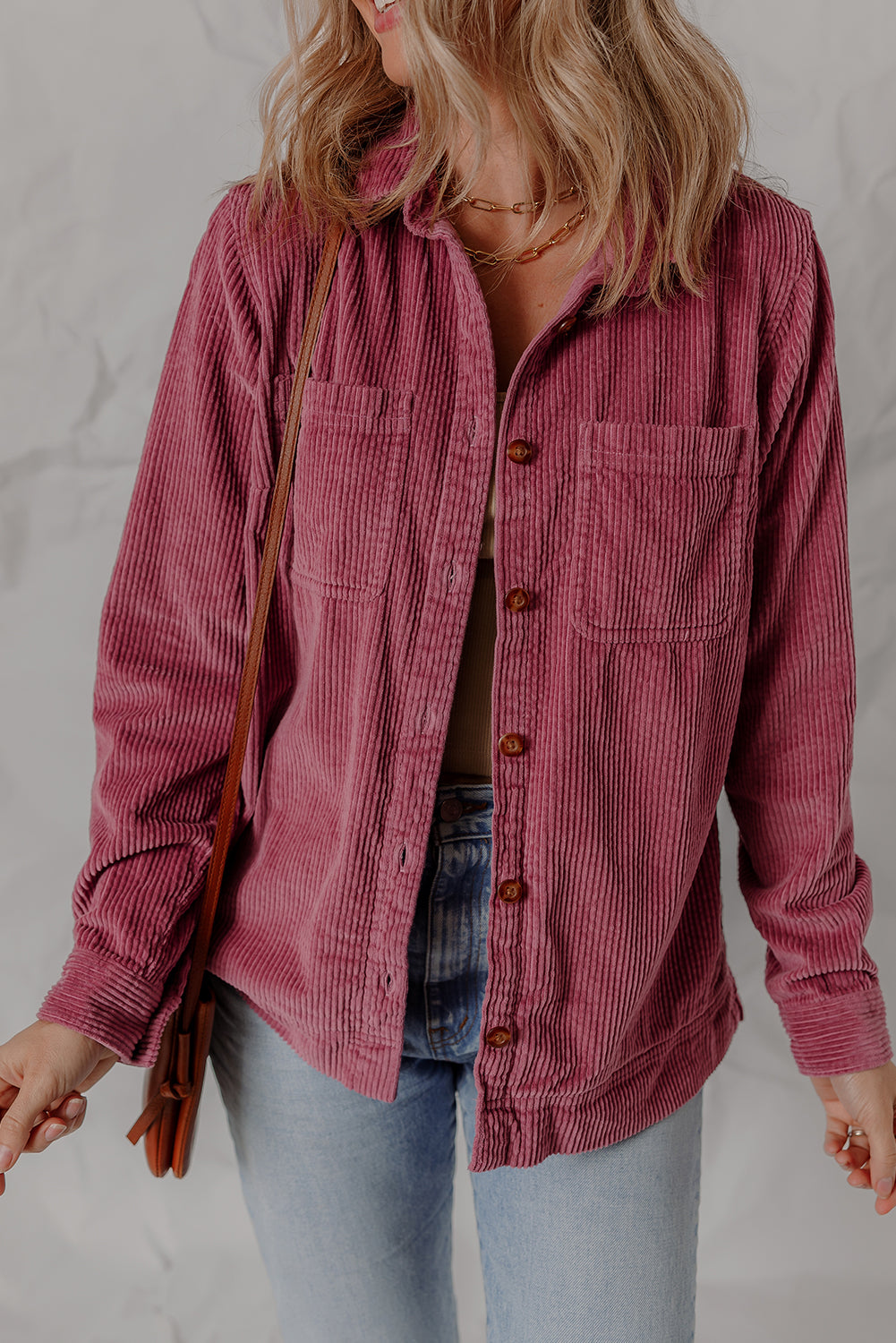 Pitaya Pink Double Patch Pocket Button Down Corduroy Shacket