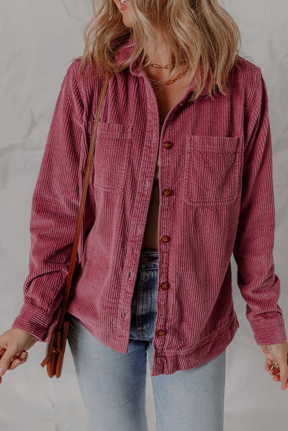 Pitaya Pink Double Patch Pocket Button Down Corduroy Shacket