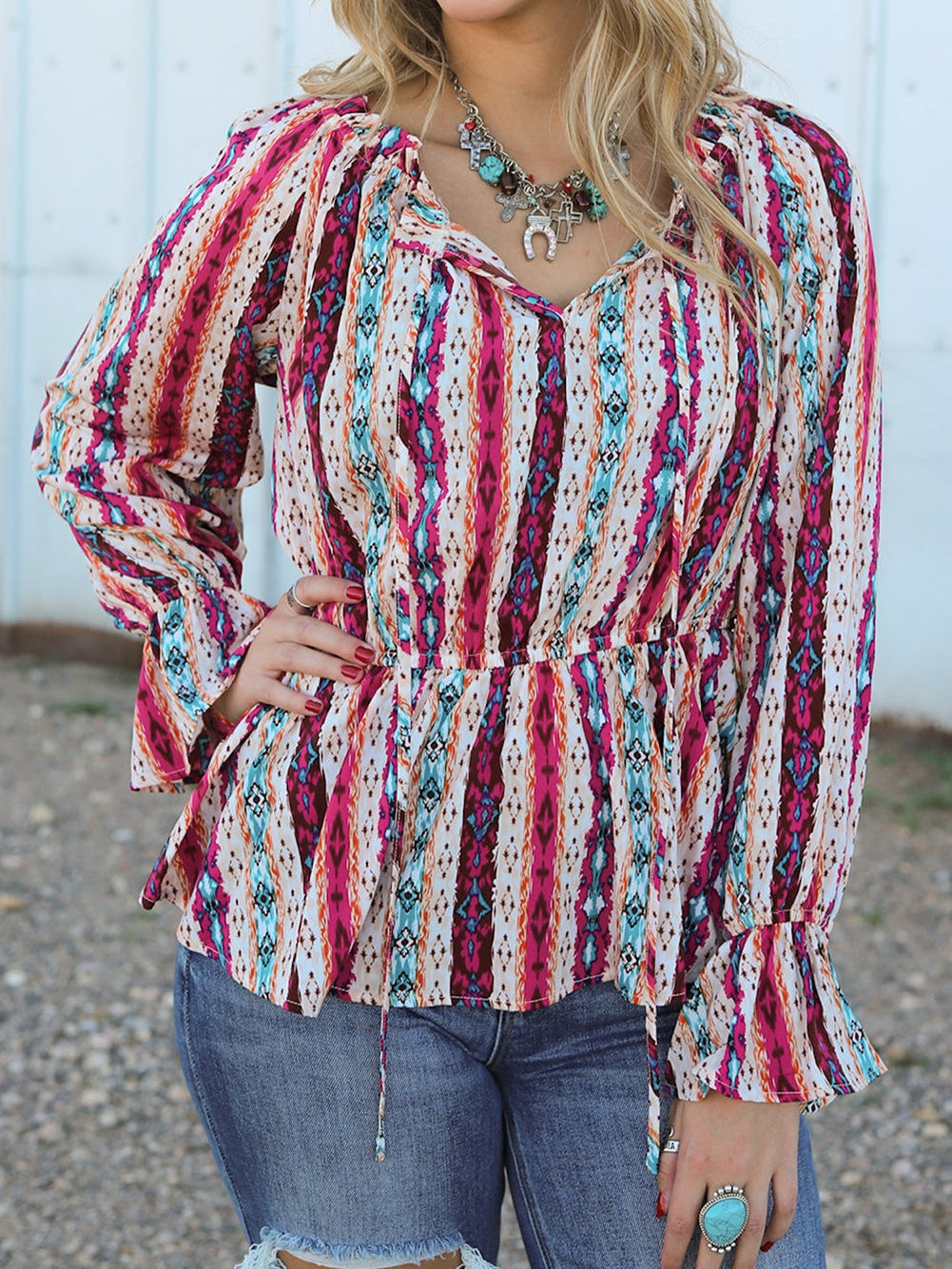 Aztec Print Peplum Blouse with Split Neck
