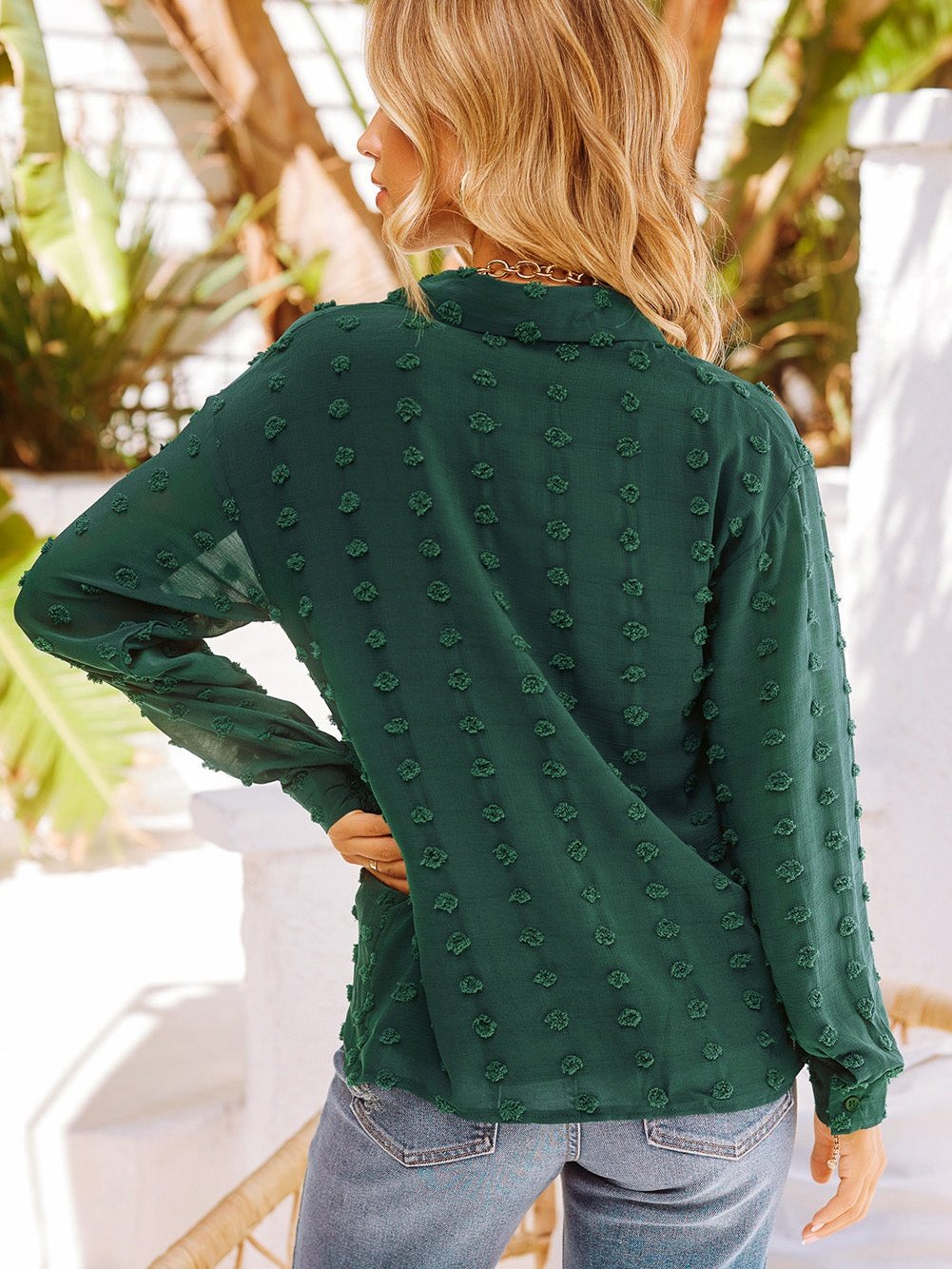 Green Fuzzy Polka Dot Shirt with Long Sleeves