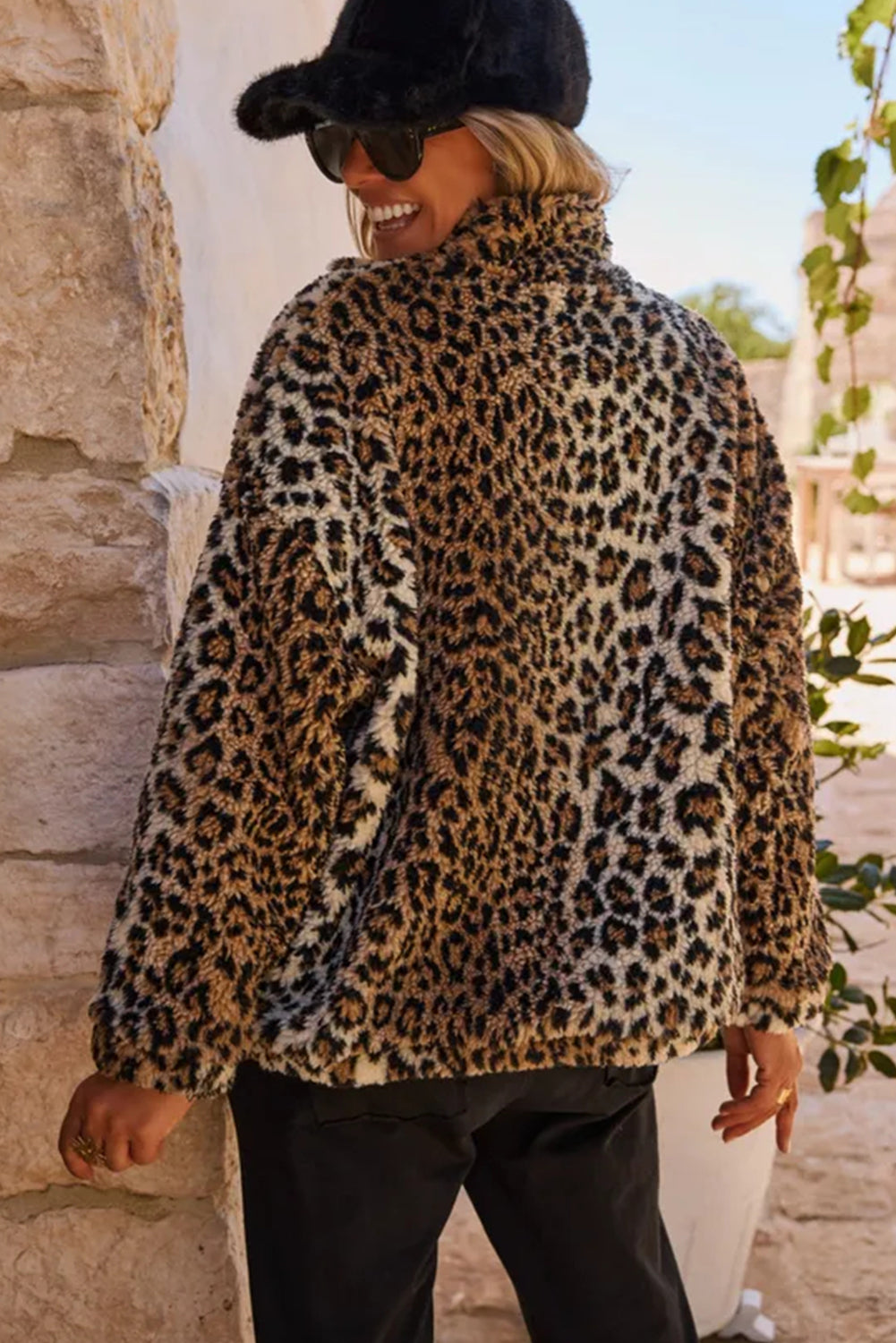 Khaki Oversized Leopard Fleece Jacket