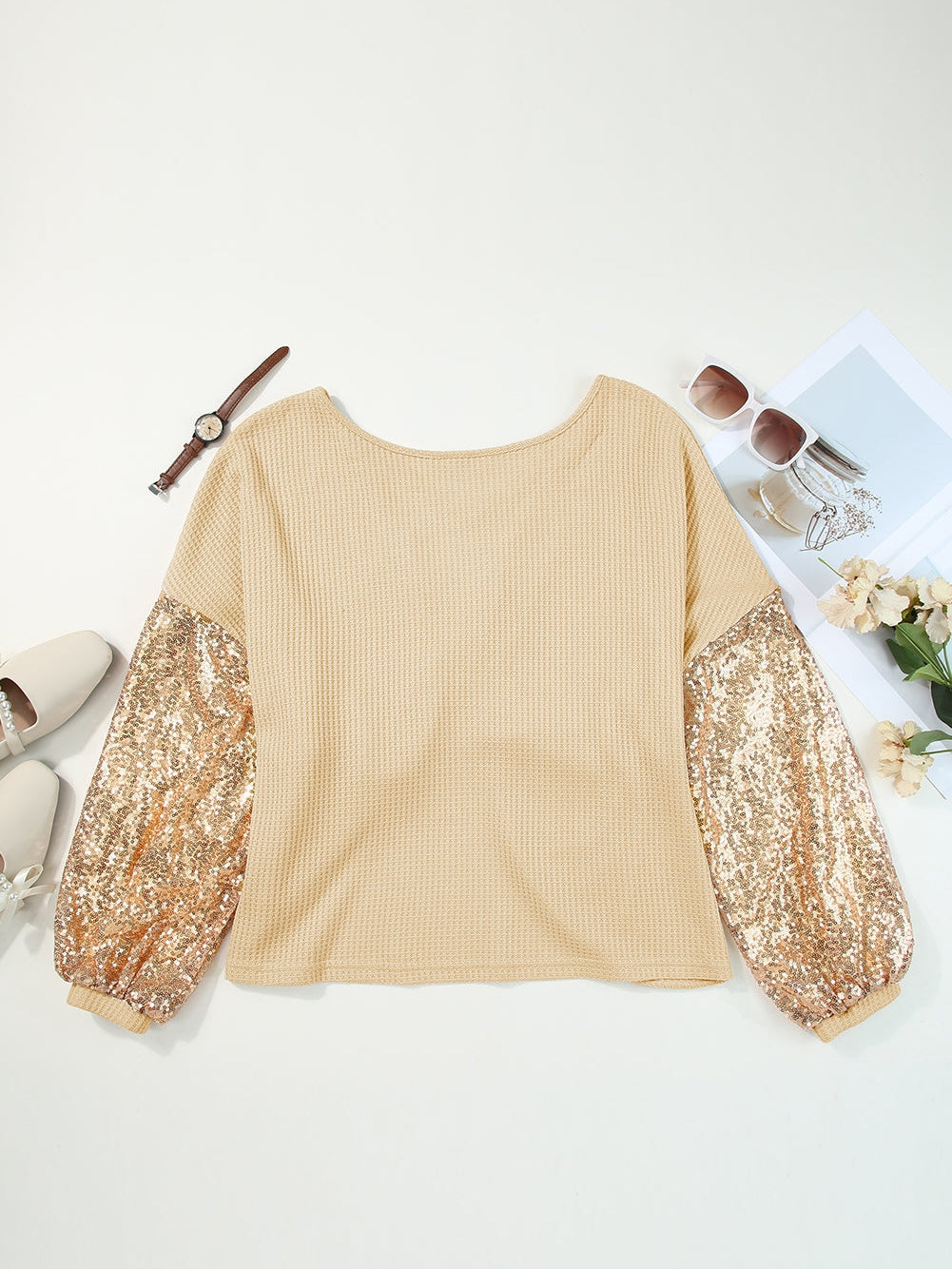 Apricot Sequin Patchwork Waffle Knit Open Back Top with Long Sleeves