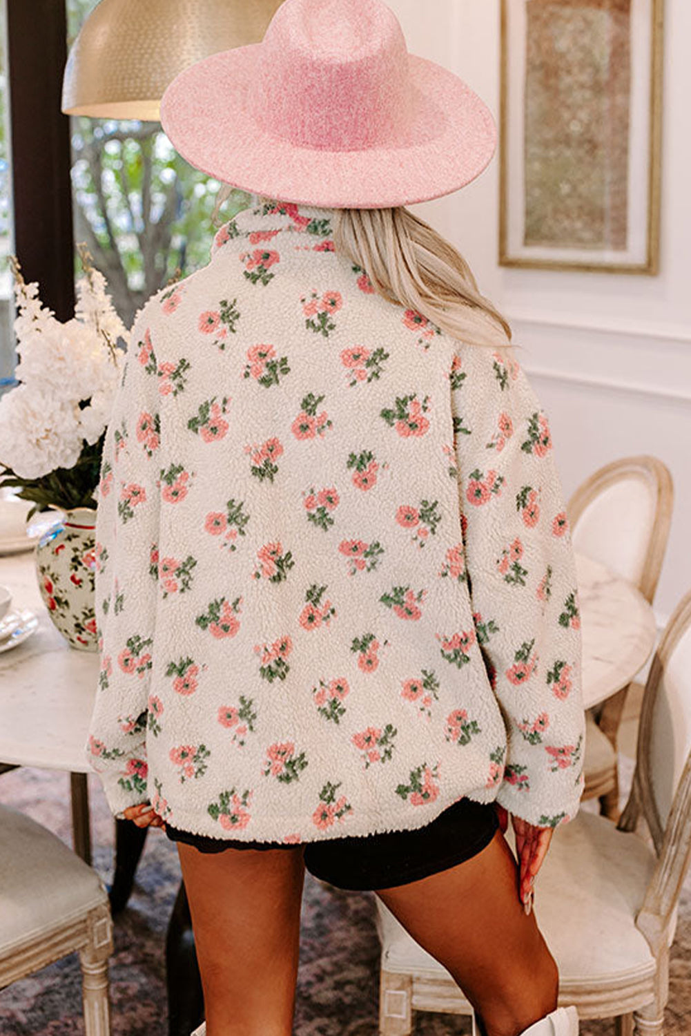 Beige Floral Sherpa Denim Patchwork Jacket