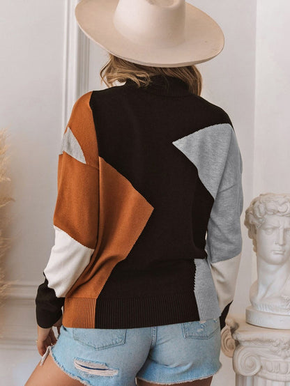 Fall & Winter Chic Orange Color Block Mock Neck Sweater