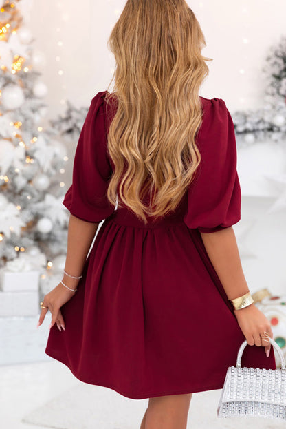 Burgundy Festive Half Puff Sleeve Pleated High Waist A-line Mini Dress