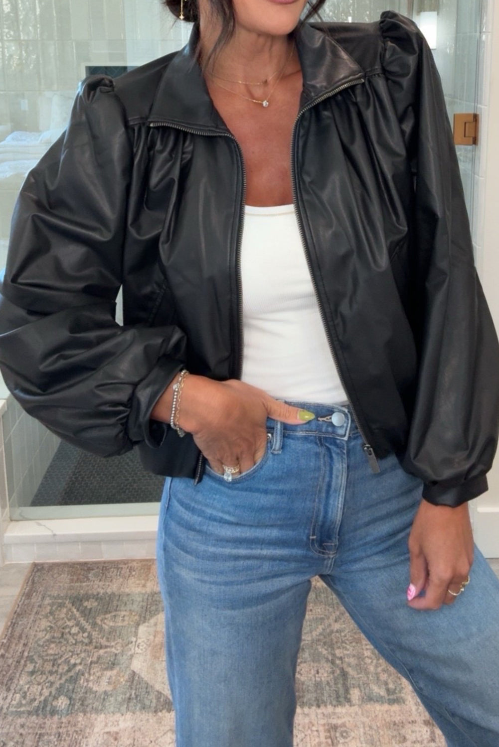 Black Collar Zip Up Puff Sleeve PU Leather Jacket