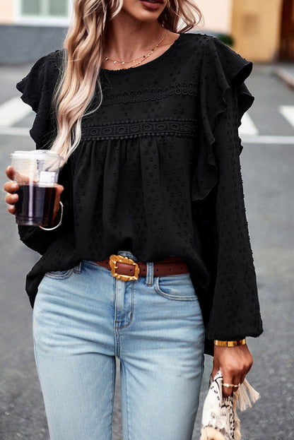 Elegant Black Lace Eyelet Ruffle Sleeve Blouse for Fall