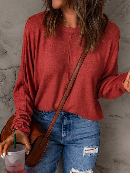 Fiery Red Crew Neck Patchwork Long Sleeve Casual Top