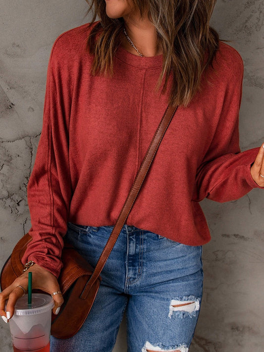 Fiery Red Crew Neck Patchwork Long Sleeve Casual Top