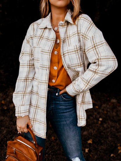 Khaki Plaid Button-Up Shirt Jacket with Side Slits