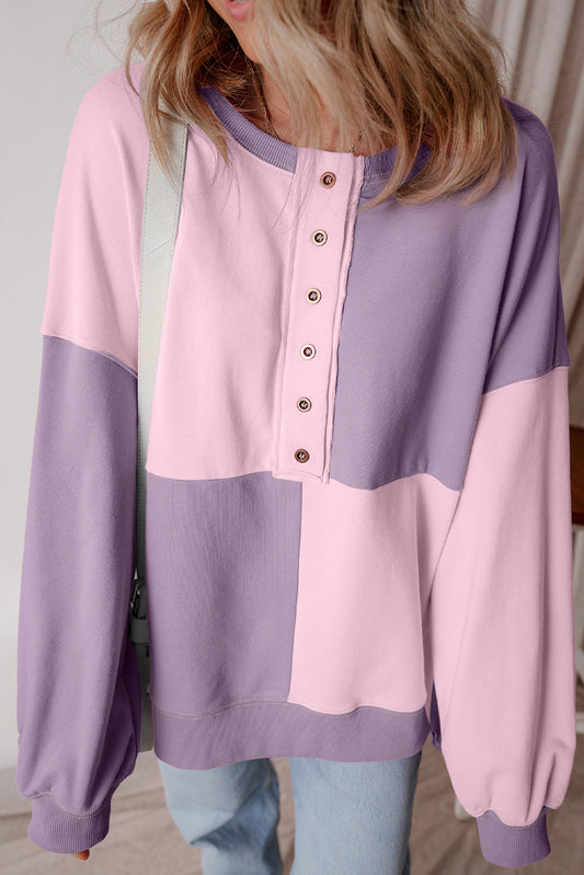 Orchid Petal Colorblock Henley High Low Oversize Sweatshirt