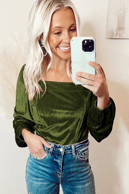 Fern Green Velvet Ribbed Texture Square Neck Slim Puff Sleeve Top