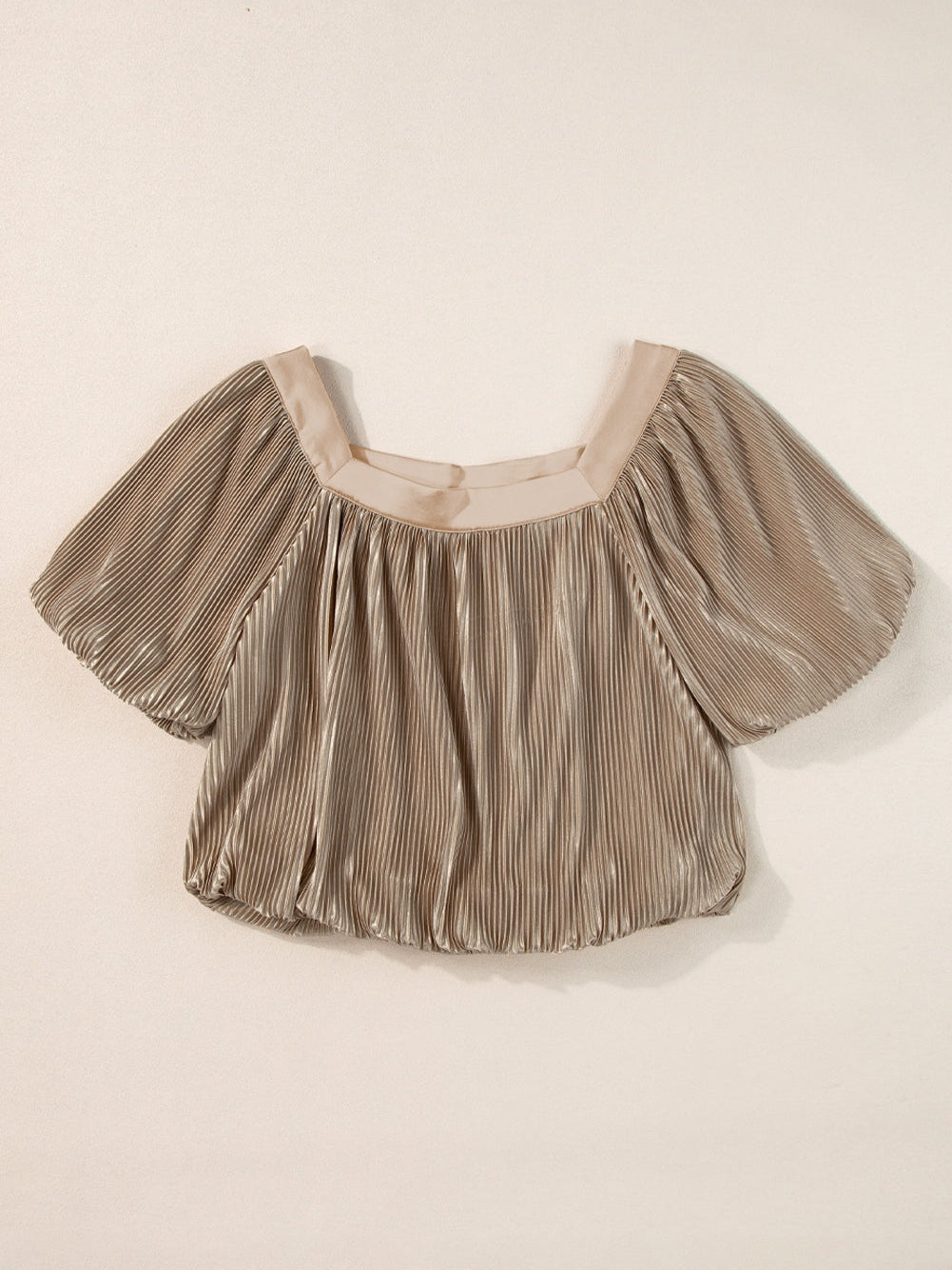 Elegant Taupe Pleated Puff Sleeve Square Neck Satin Blouse