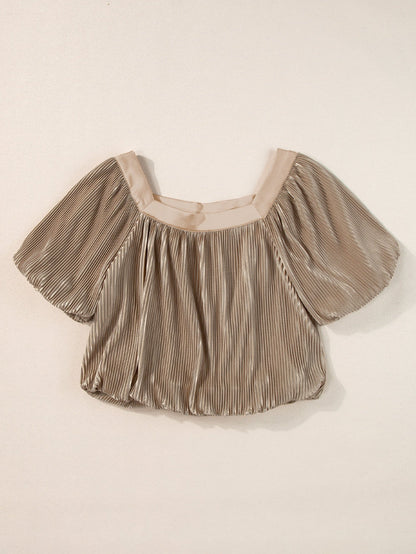 Elegant Taupe Pleated Puff Sleeve Square Neck Satin Blouse