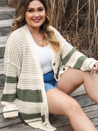 White Plus Size Color Block Cable Knit Buttoned Cardigan