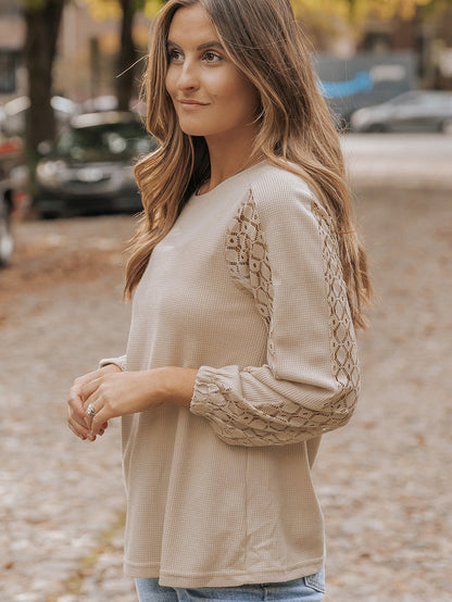 Elegant Khaki Lace Patch Waffle Knit Blouse