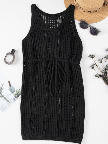 Boho Black Crochet Beach Dress with Drawstring & Hollow-out Detail
