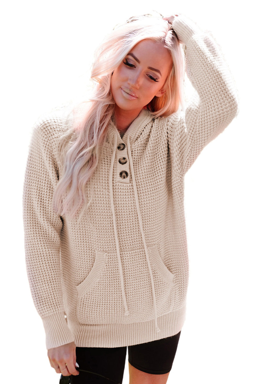 Apricot Hooded Waffle Knit Sweater with Button-Up Front Pocket