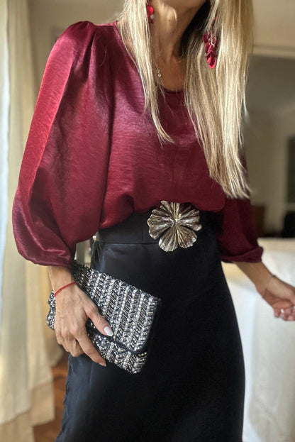 Red Dahlia Satin Puff Sleeve Elegant Top