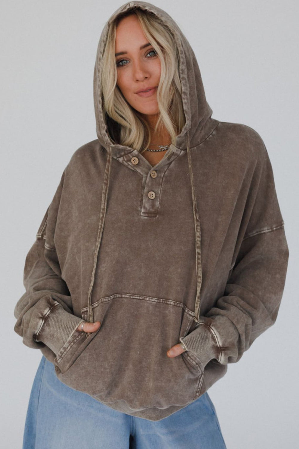 Dark Brown Mineral Wash Button Drawstring Neck Hooded Sweatshirt
