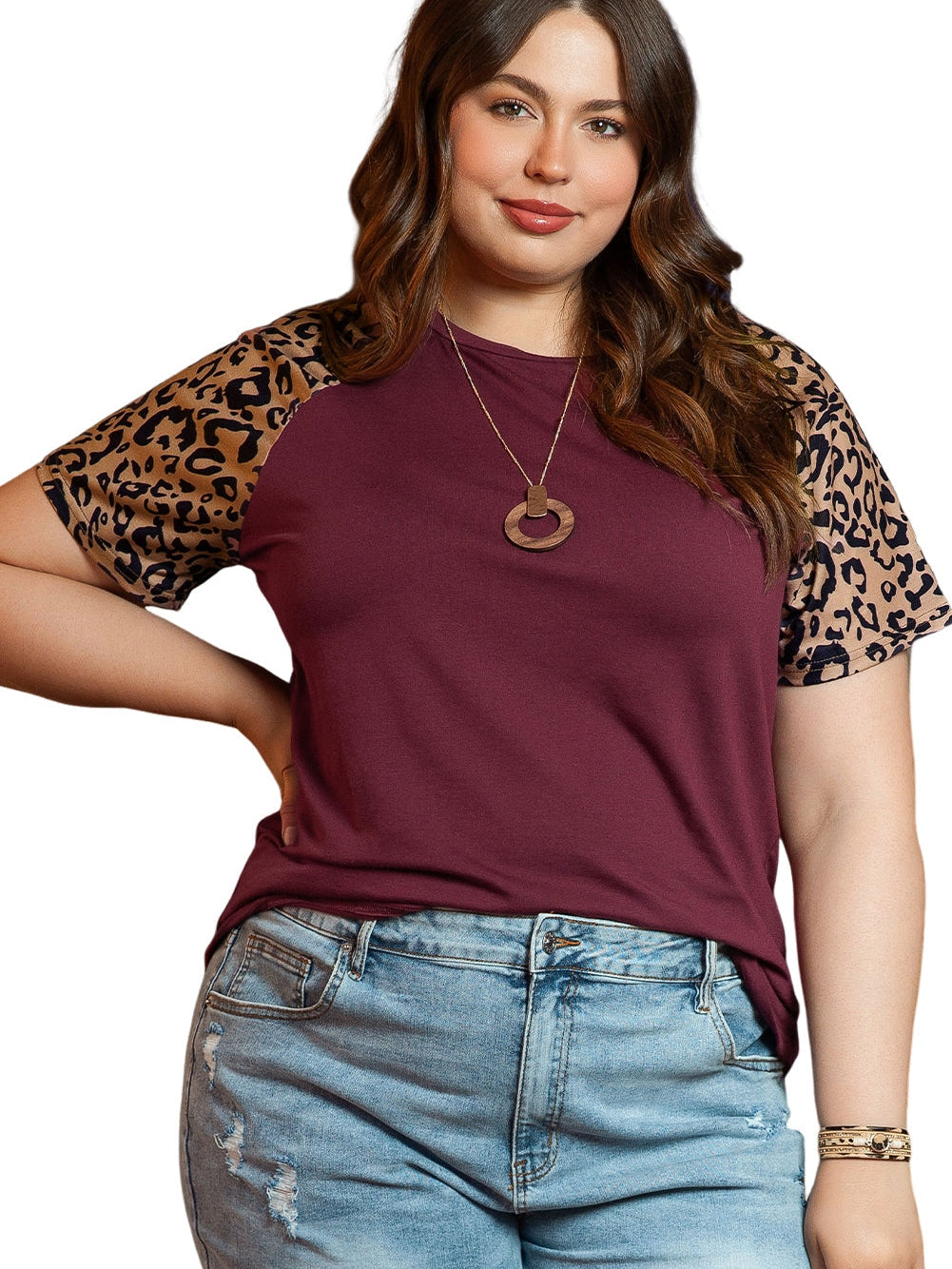 Leopard Print Raglan Sleeve Burgundy Plus Size Tee