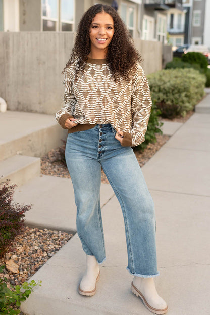 Khaki Patterned Knit Round Neck Sweater
