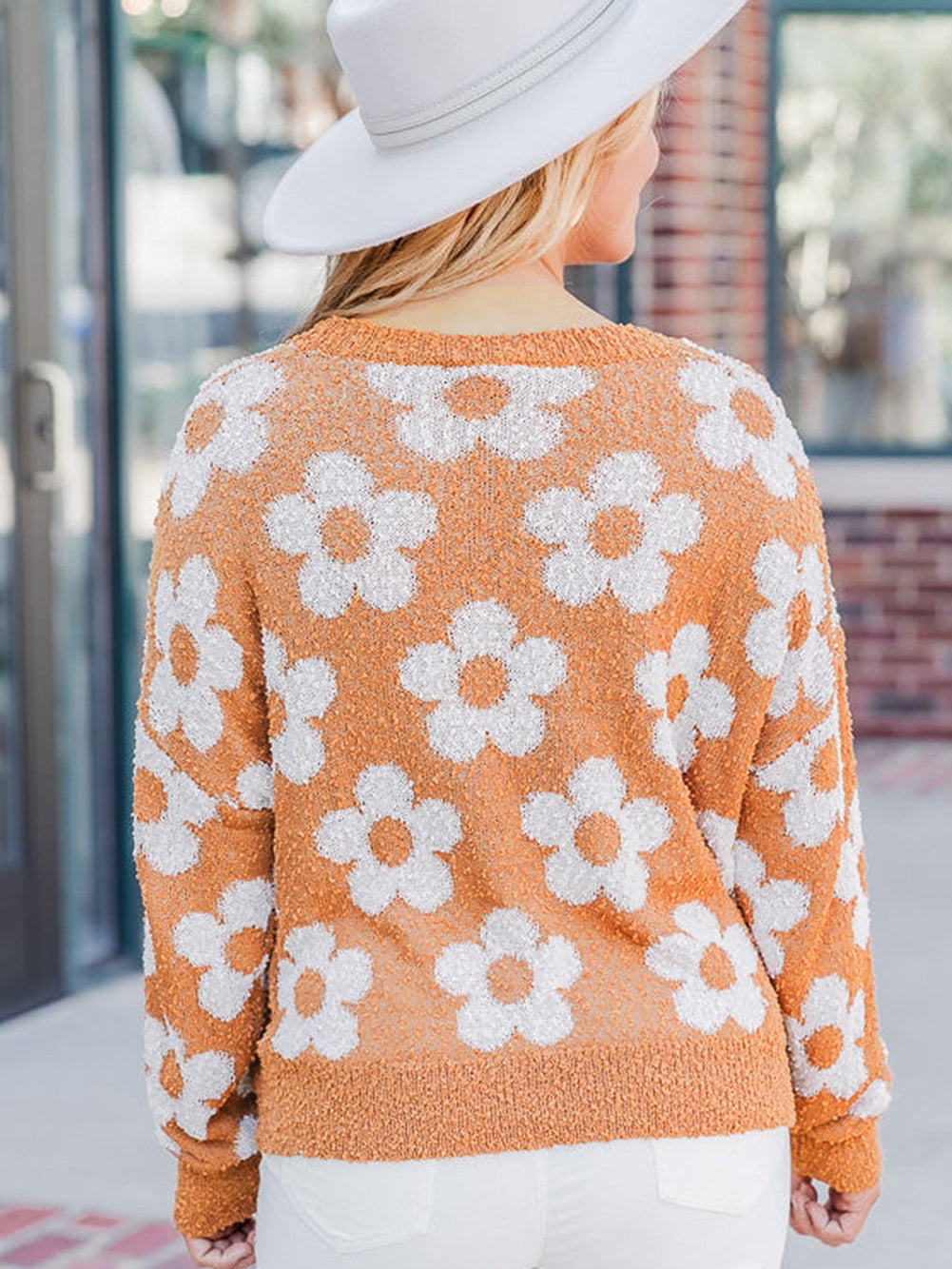 Grapefruit Orange Floral Knit Drop Shoulder Sweater with Fuzzy Texture