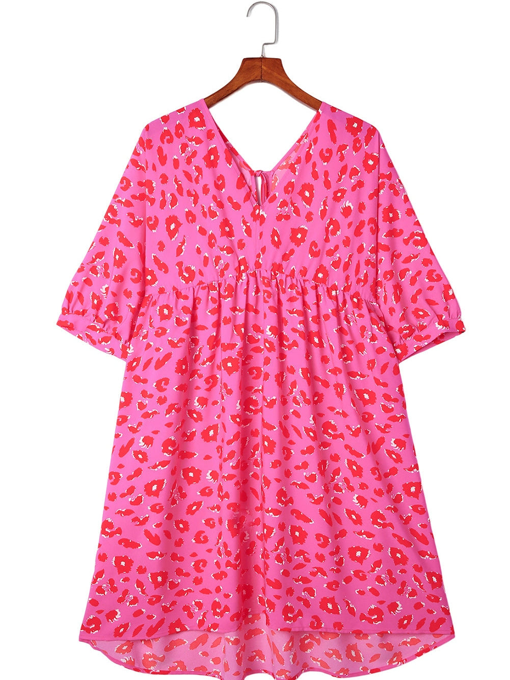 Leopard Print Plus Size Babydoll Dress with V Neck and Bubble Sleeves