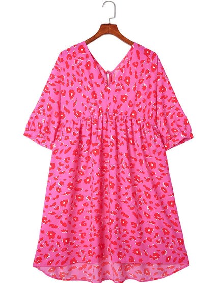 Leopard Print Plus Size Babydoll Dress with V Neck and Bubble Sleeves