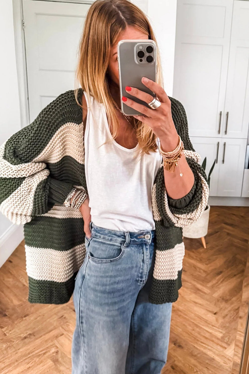 Green Stripe Drop Shoulder Open Slouchy Cardigan