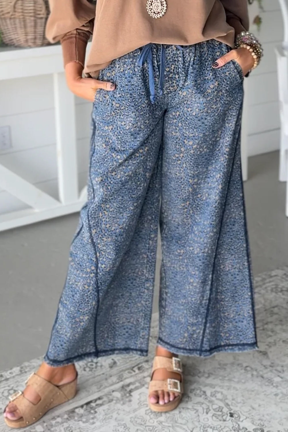 Blue Leopard Print Exposed Seam Detail Wide Leg Drawstring Jeans