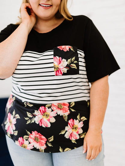 Chic Black Floral Striped Plus Size Short Sleeve Top