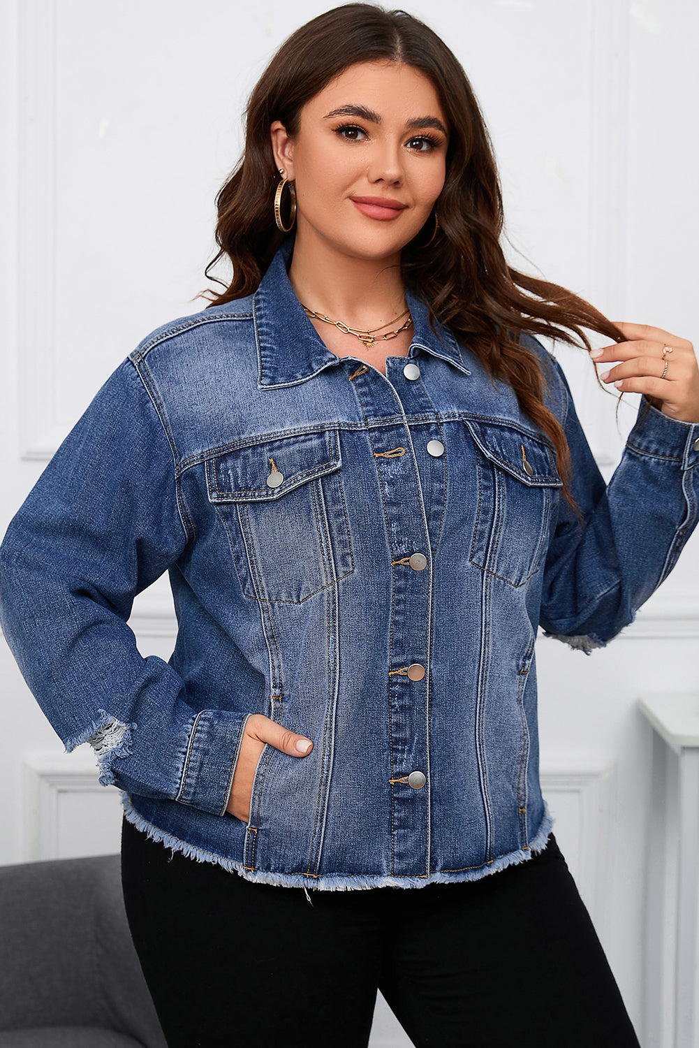 Stylish Plus Size Navy Distressed Denim Shacket