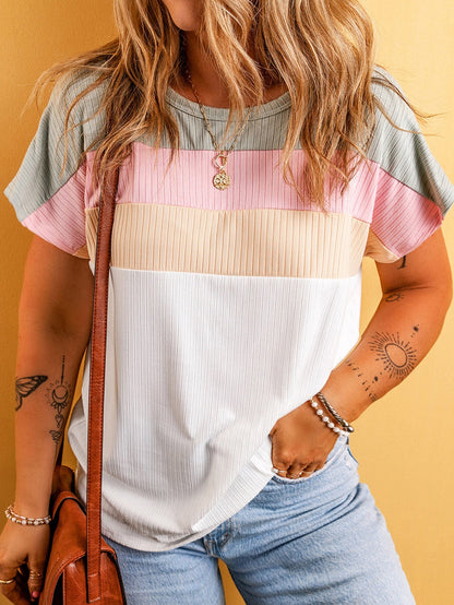 Trendy White Colorblock Patchwork Batwing Sleeve Ribbed Plus T-Shirt