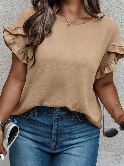 Light Beige Ruffle Sleeve Plus Size Top for a Chic Look