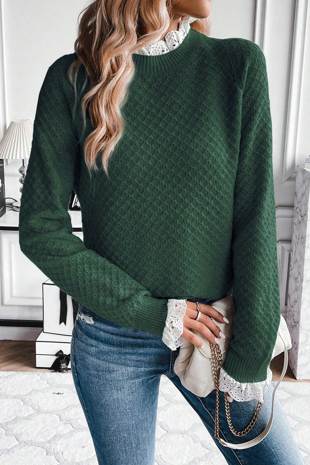Mist Green  Contrast Lace Frilled Trim Raglan Sleeve Sweater