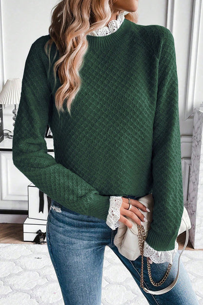 Mist Green  Contrast Lace Frilled Trim Raglan Sleeve Sweater