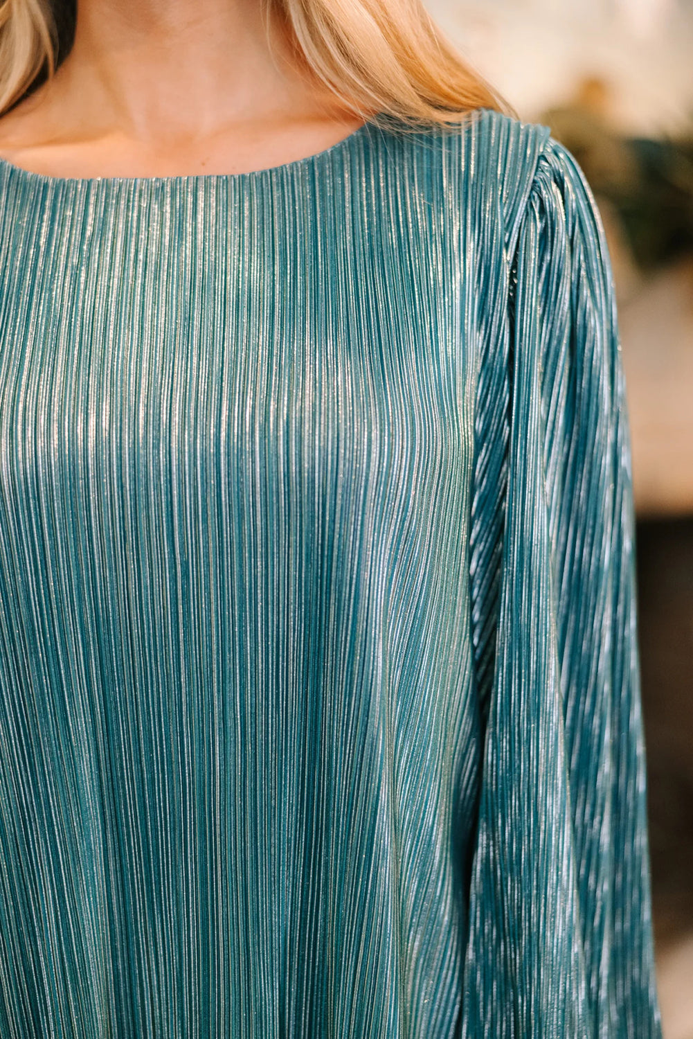 Lapis Metallic Pleated Button Keyhole Back Long Puff Sleeve Blouse