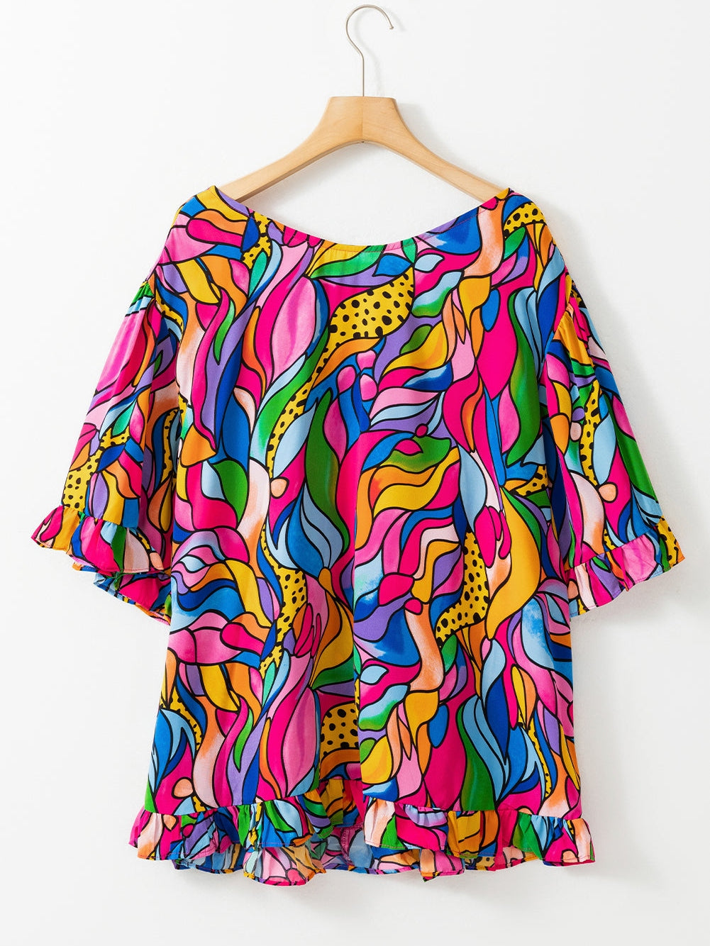 Rose Abstract Print Frilly Trim Blouse for Plus Size Women