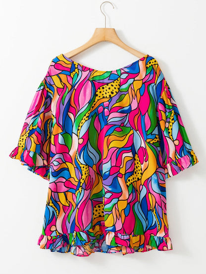 Rose Abstract Print Frilly Trim Blouse for Plus Size Women